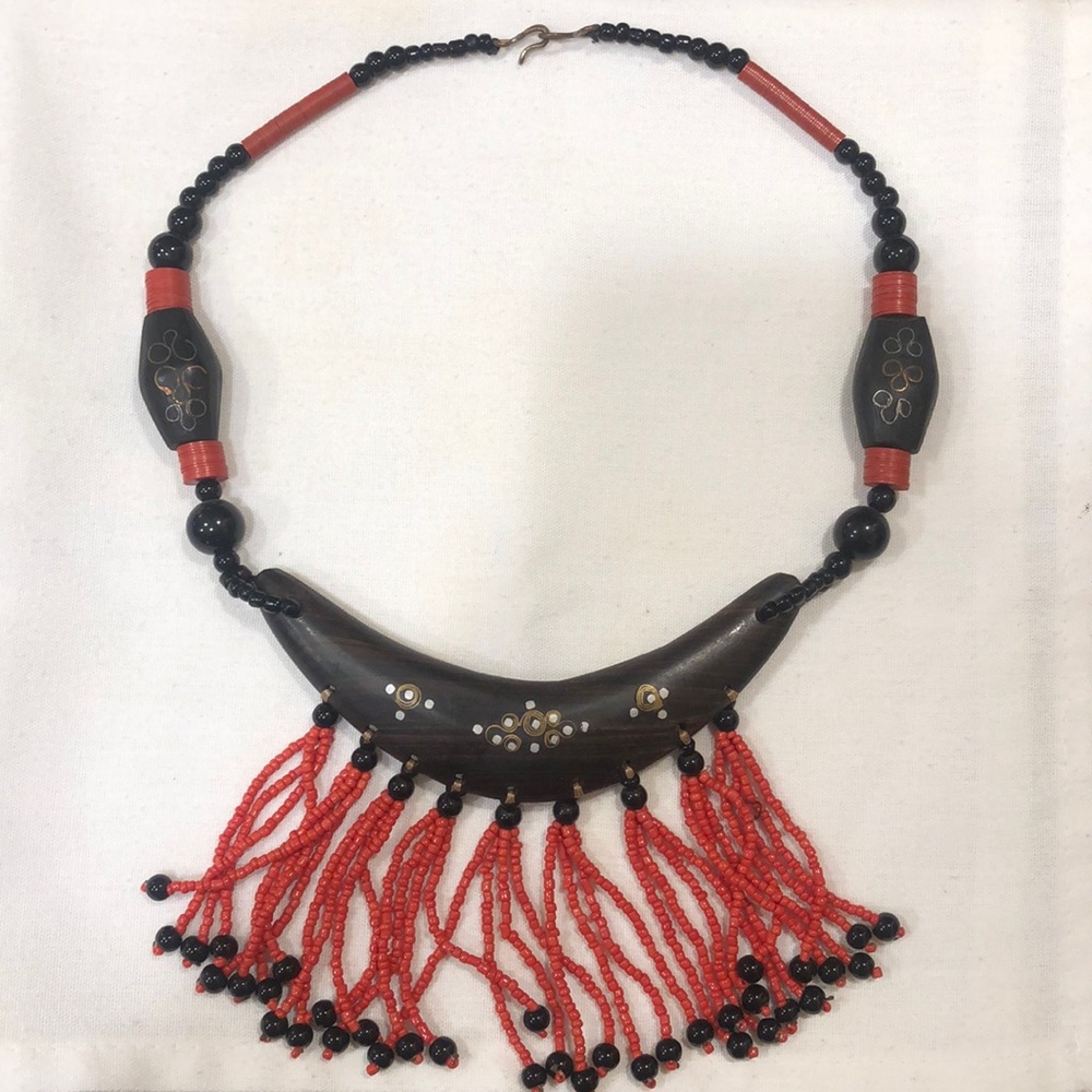 West African inlaid wood and beaded necklace, 19”